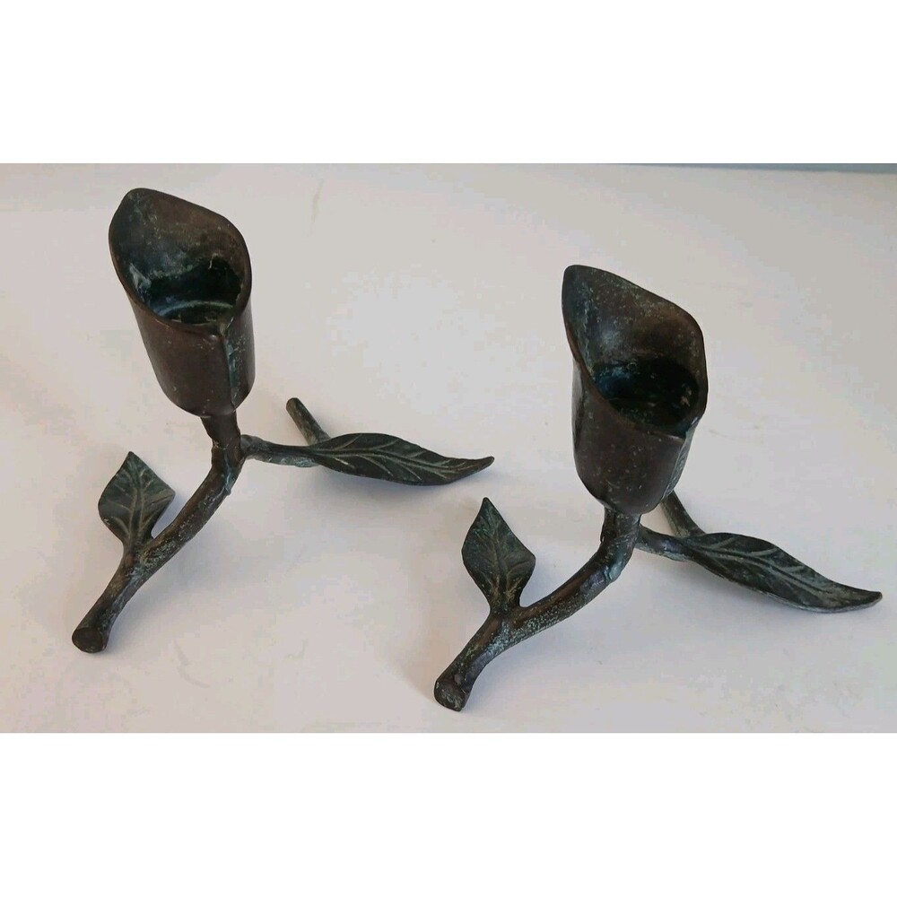 2 Vtg  Bronze Calla Lily Candle Holder Taper Branch Mcm  1960s Cast Metal
